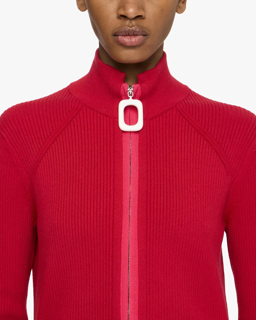 jw anderson Fitted Zip Up Cardigan crimson red front detail