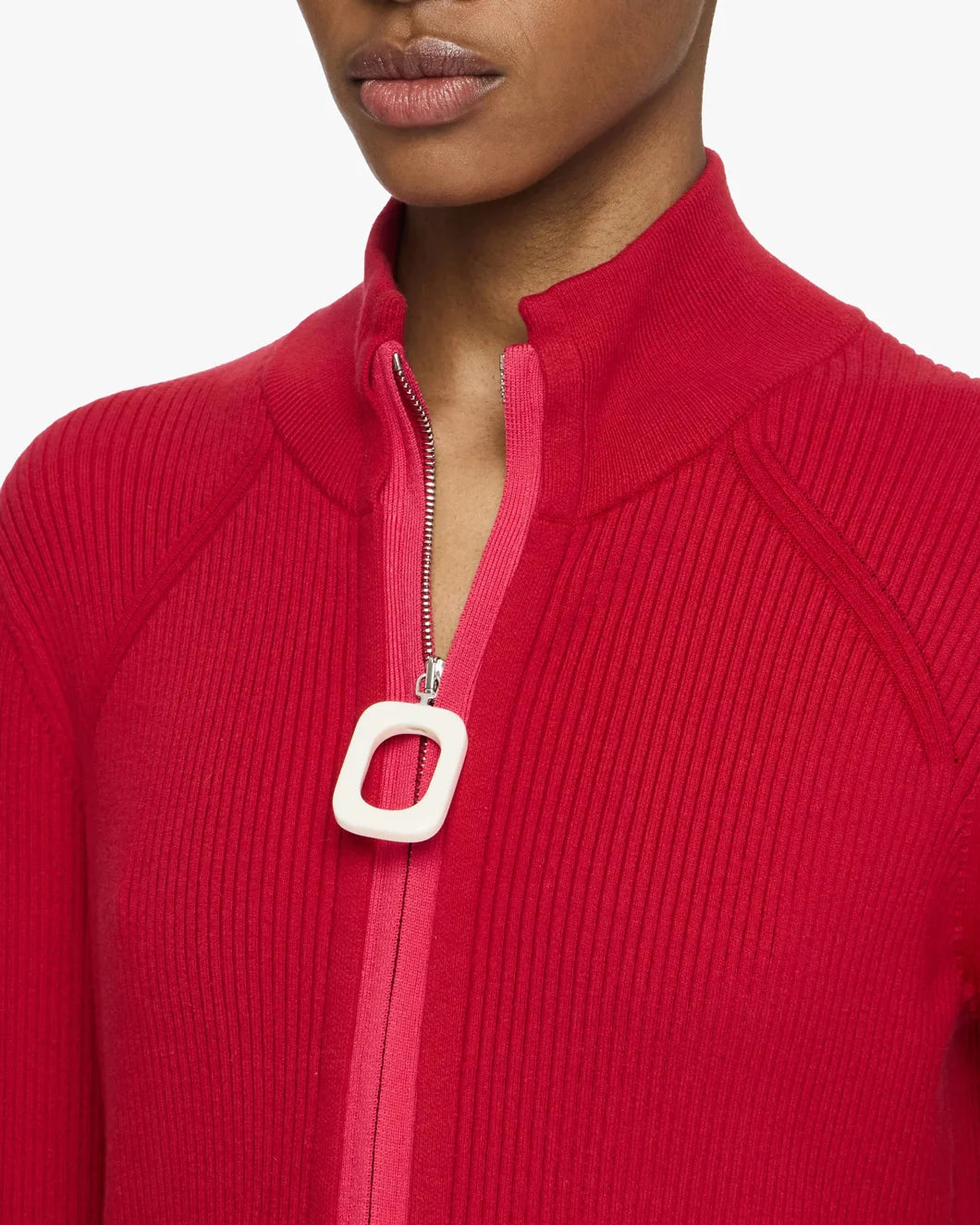 jw anderson Fitted Zip Up Cardigan crimson red side detail
