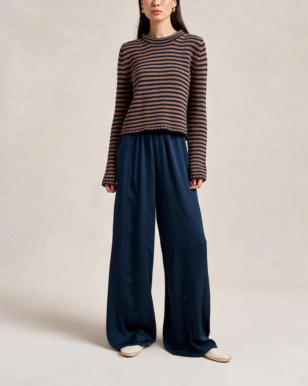 la ligne mini marina fine stripe sweater navy and tan on figure front