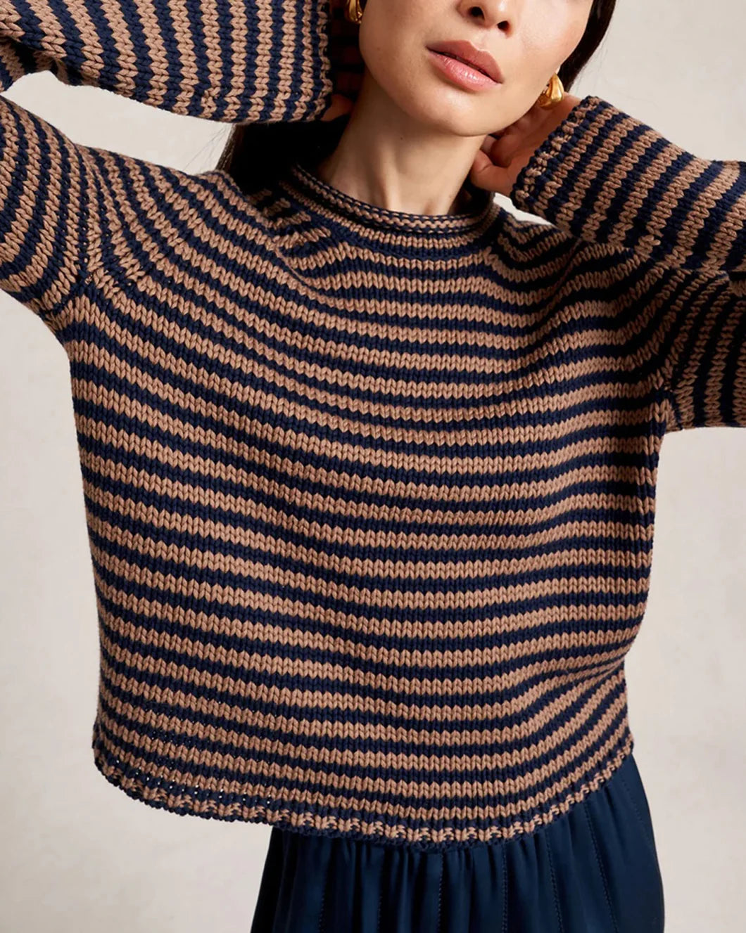 la ligne mini marina fine stripe sweater navy and tan on figure front detail 3