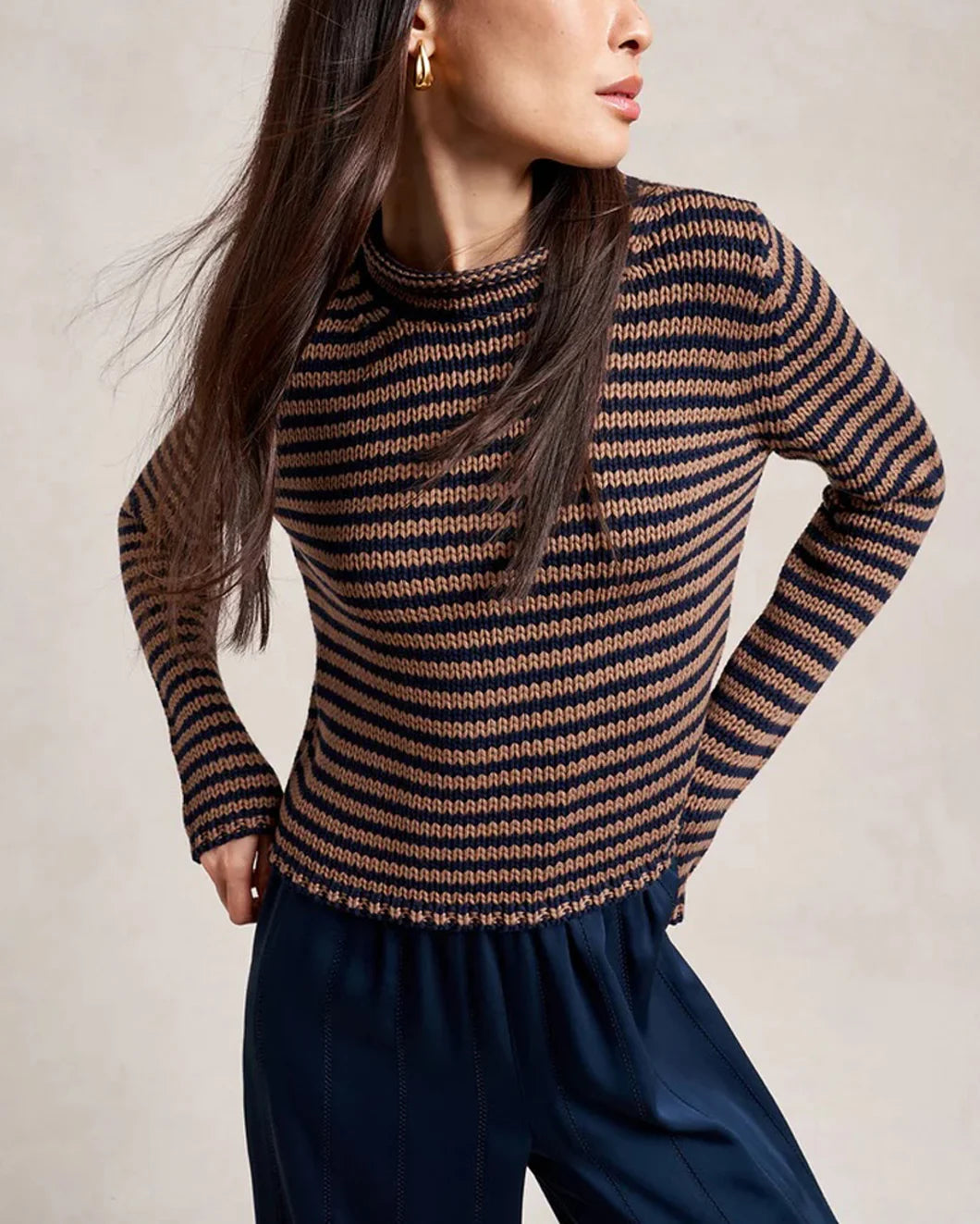 la ligne mini marina fine stripe sweater navy and tan on figure front detail 1