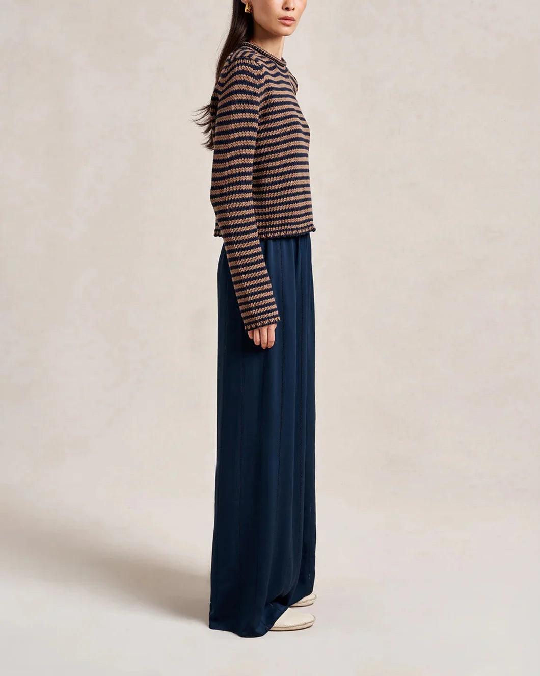la ligne mini marina fine stripe sweater navy and tan on figure side