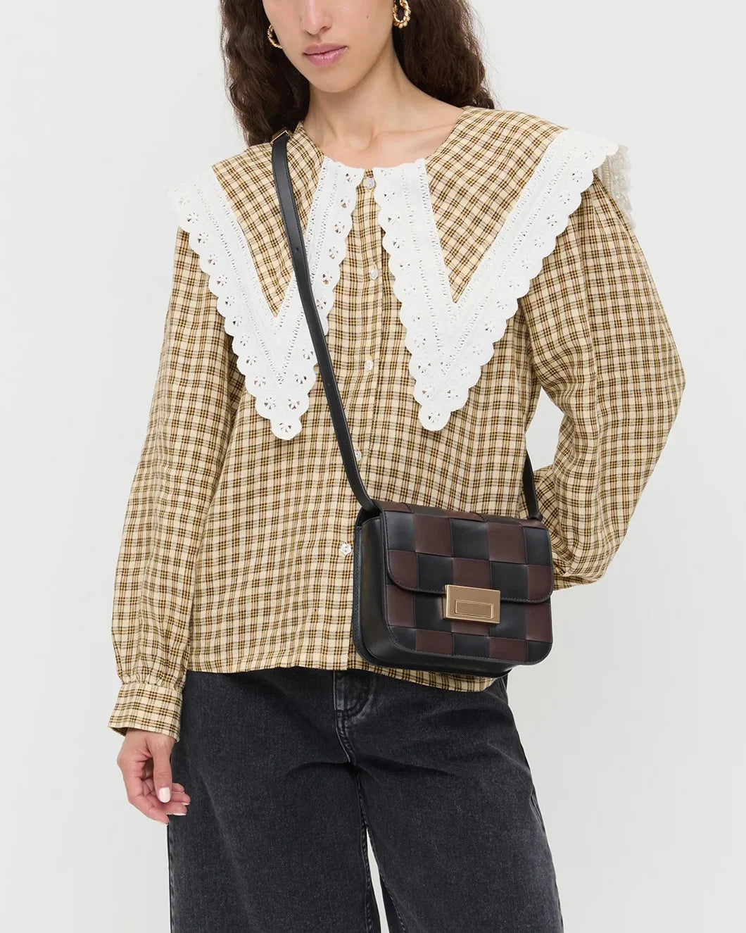 loeffler randall desi black and espresso brown crossbody woven leather bag