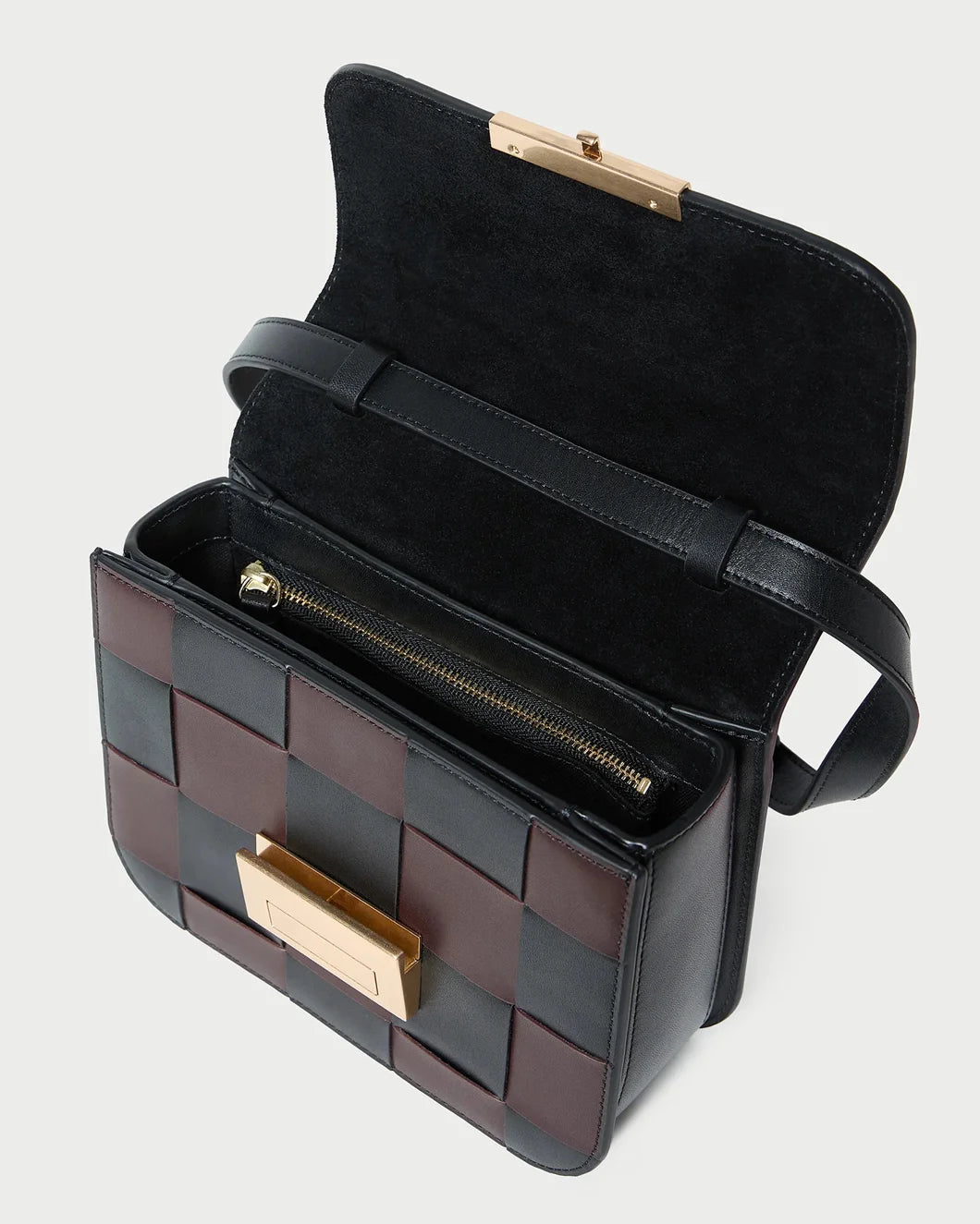 loeffler randall desi black and espresso brown crossbody woven push lock leather bag top