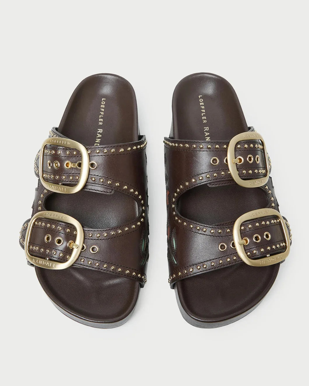 loeffler randall eve two band leather sandal brown with tulips gold buckles