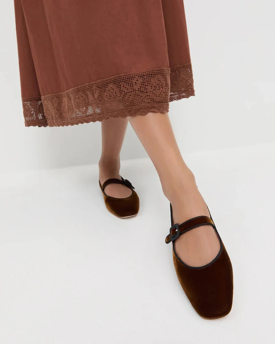 loeffler randall Ginger dark Brown Velvet Mary Jane ballet flat on model