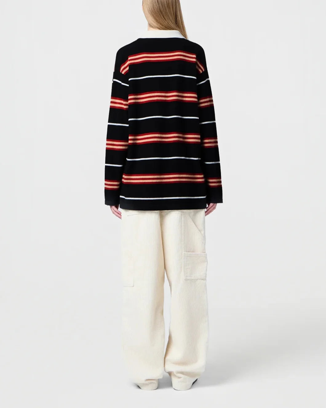 long sleeved striped rugby shirt in black, red, and cream cashmere by guest in residence on model back view