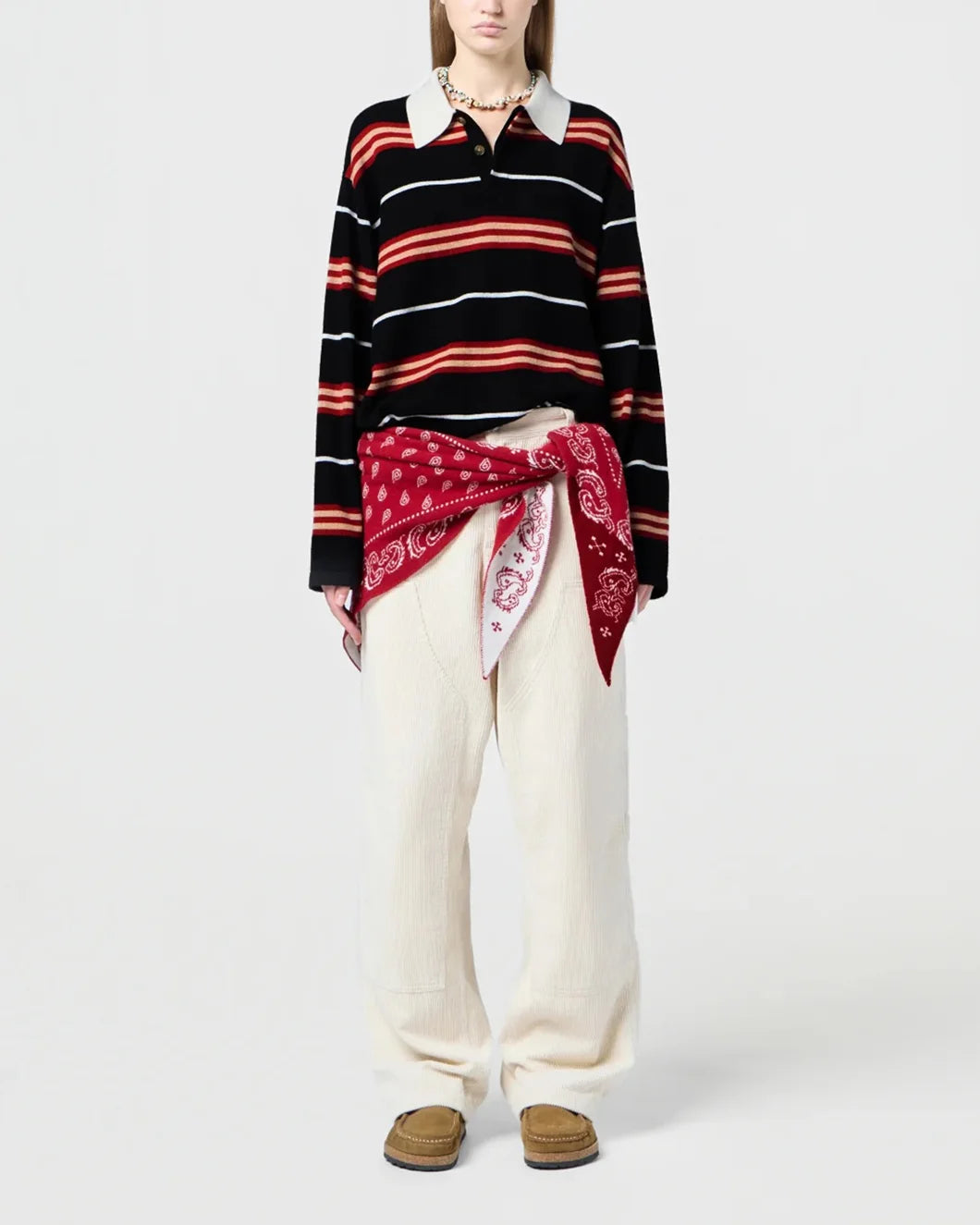 long sleeved striped rugby shirt in black, red, and cream cashmere by guest in residence on model front view