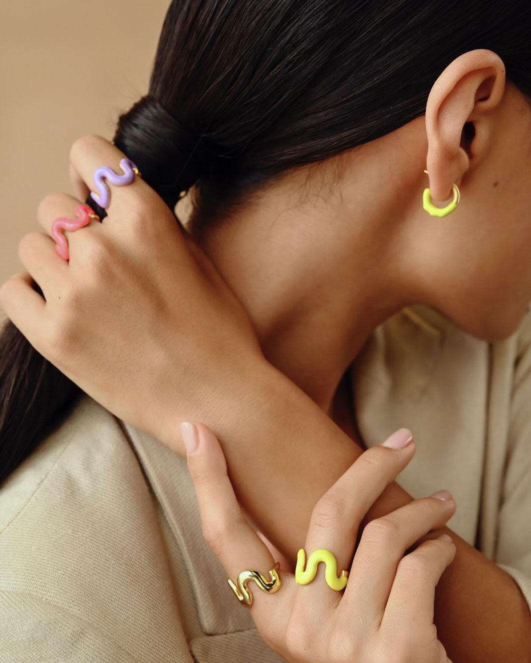 lunaya jewelry mini molten hoops neon yellow on figure detail