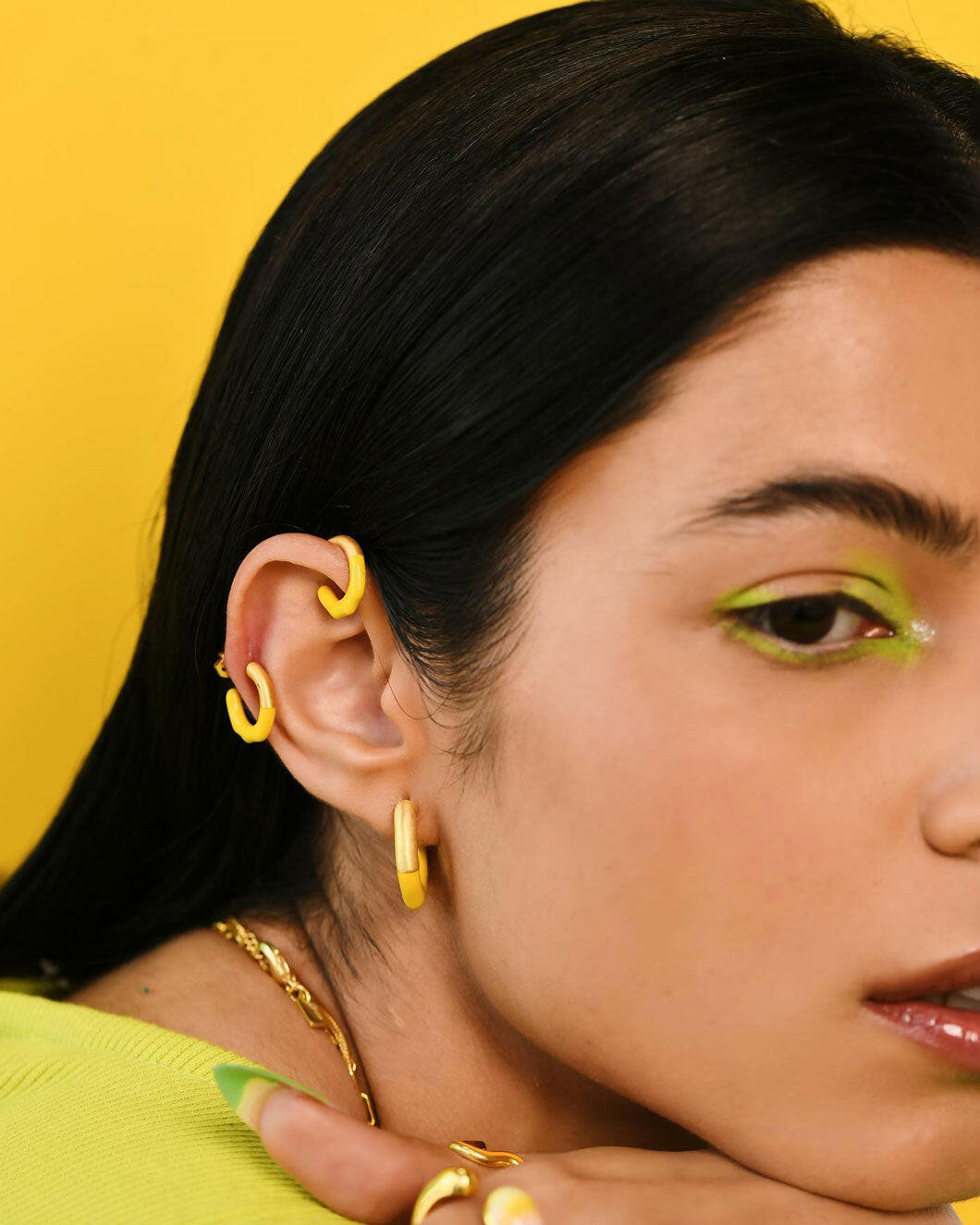 lunaya jewelry mini molten hoops neon yellow on figure detail