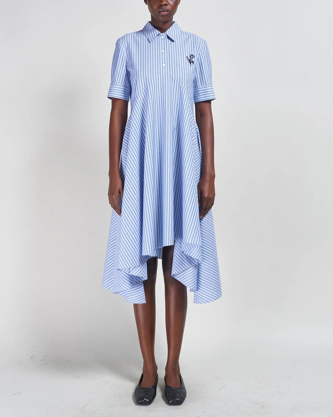 marni polo shirtdress with flared hem blue stripe on model front view
