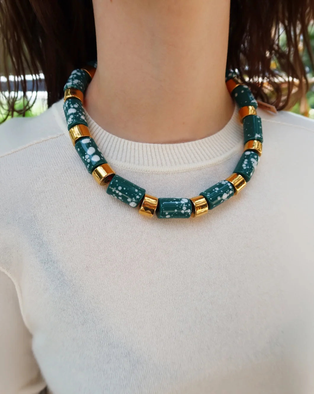 HER NEW TRIBE Melt & Karat Candy Bead Five Necklace on figure front