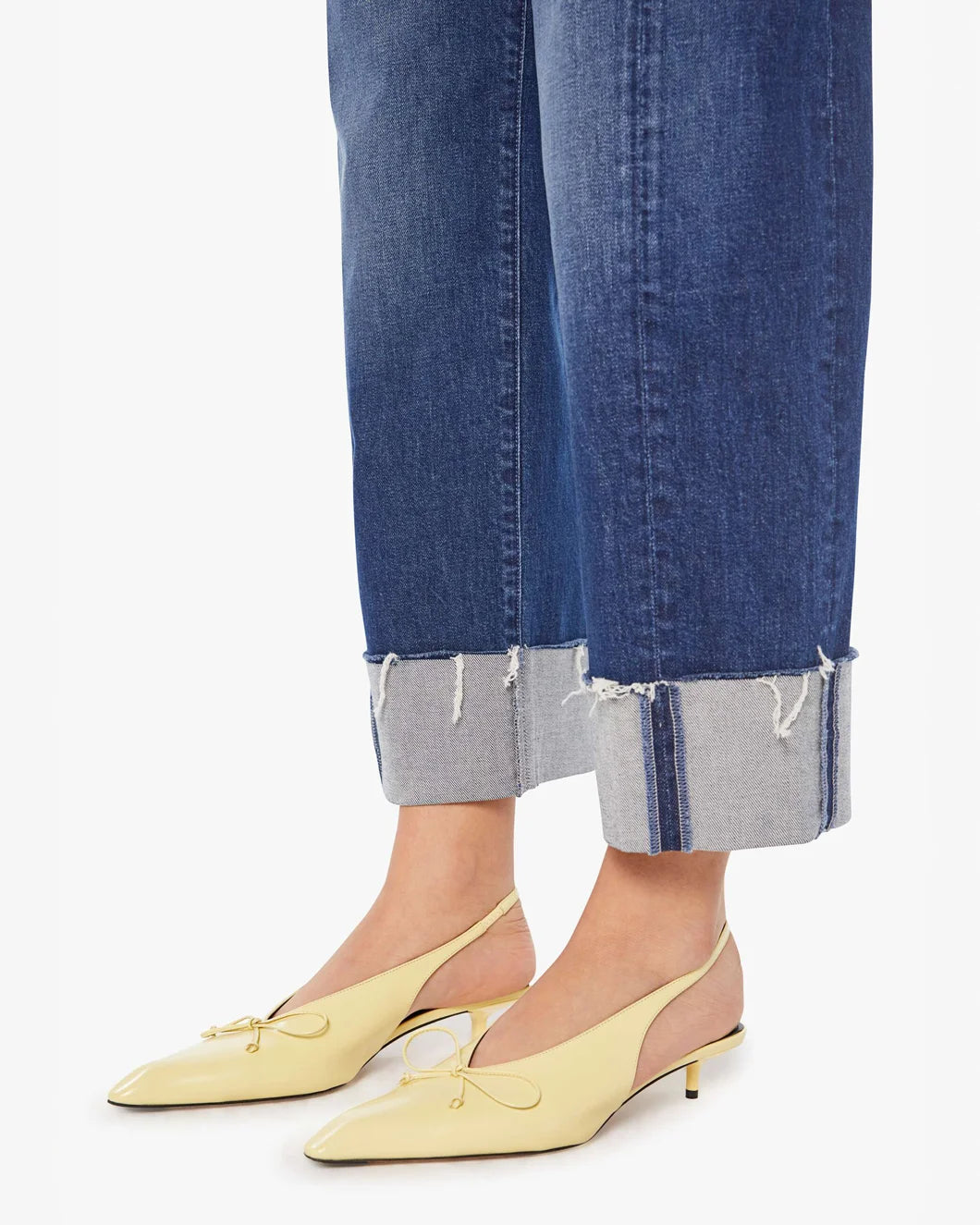mother denim THE HALF-PIPE ANKLE CUFF FRAY perfectly imperfect medium wash jean hem detail