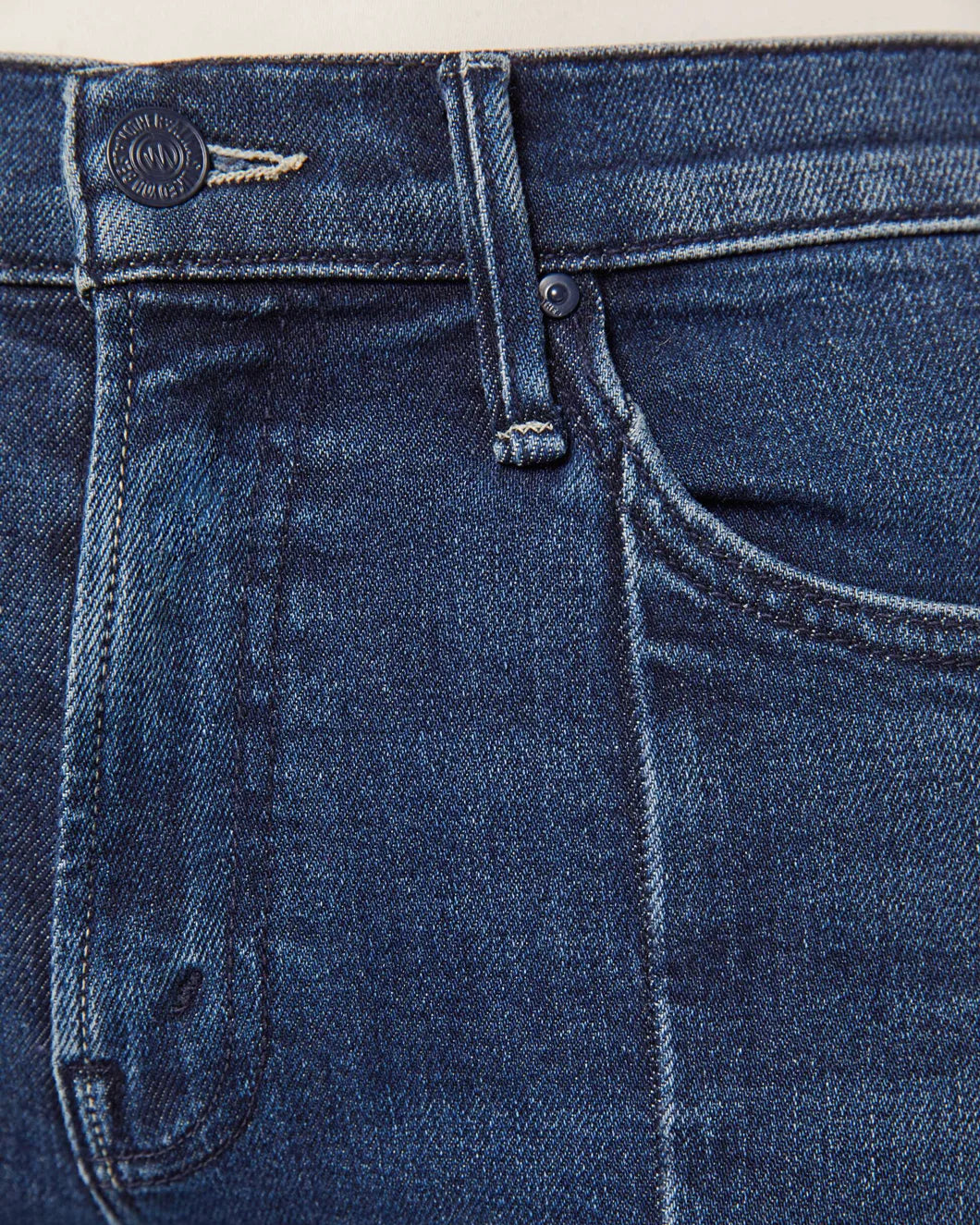 mother denim THE INSIDER SKIMP POINTY FRAY jean you're a riot medium wash closure detail