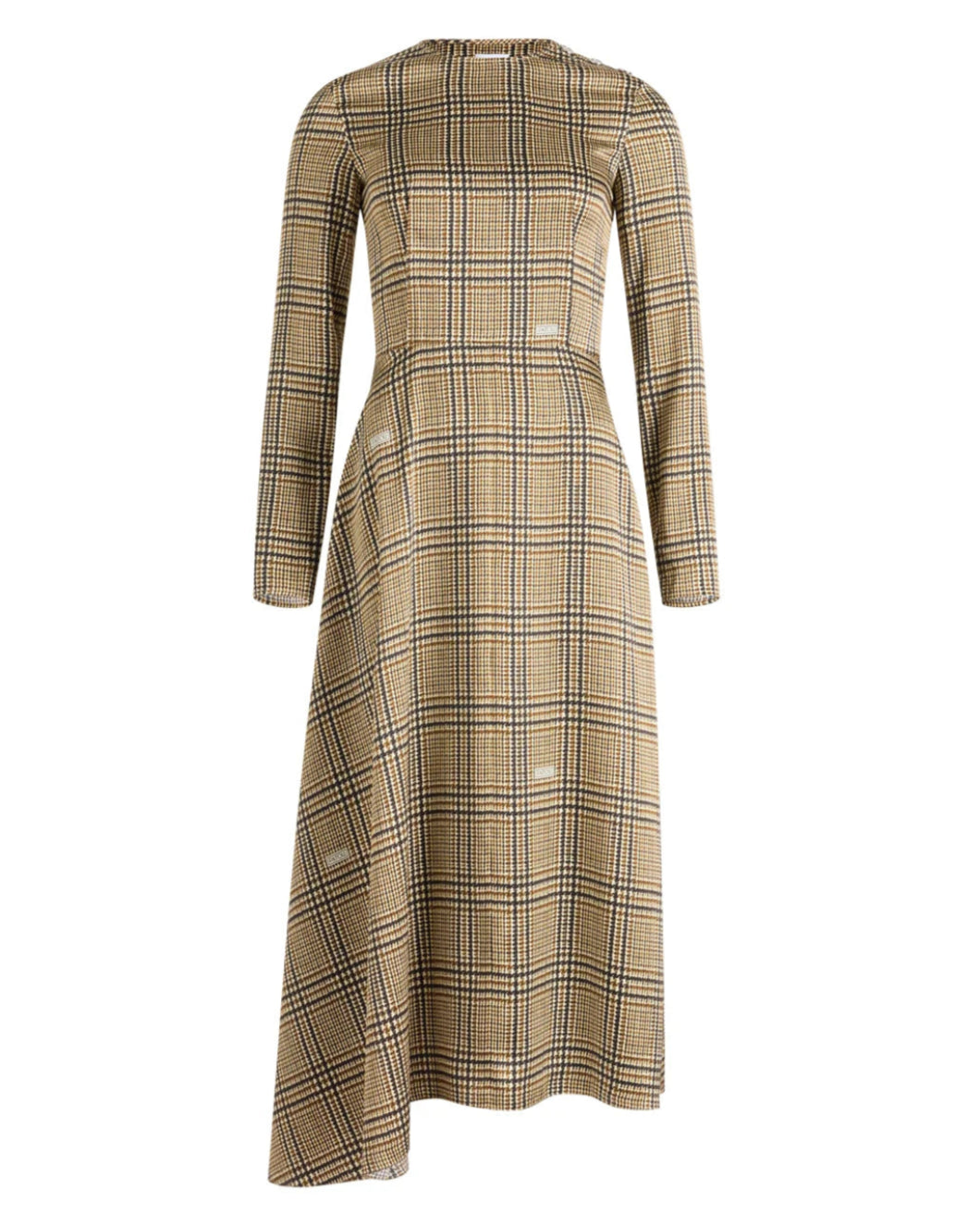 patou asymmetric midi dress in printed organic silk prince of wales plaid brown
