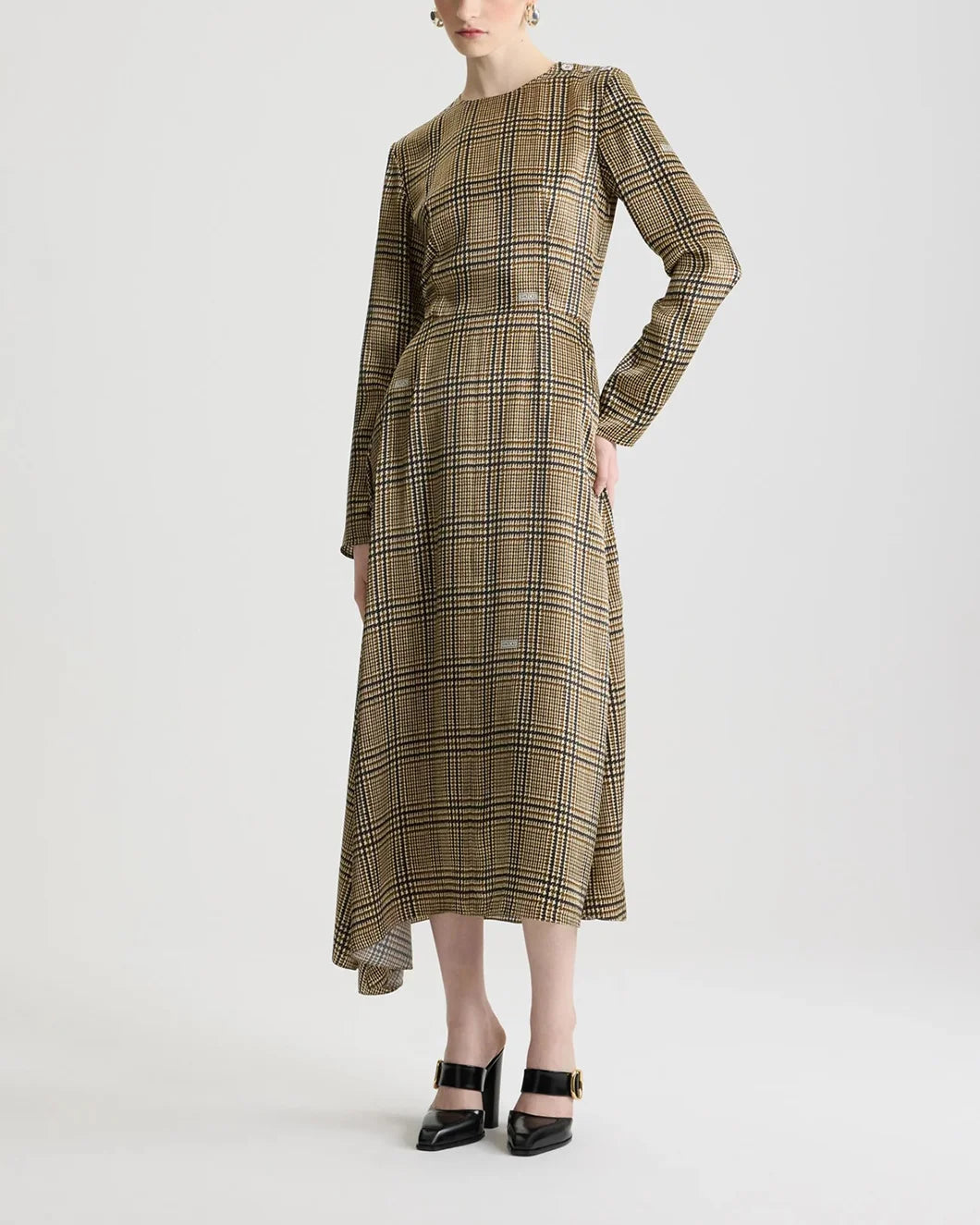 patou asymmetric midi dress in printed organic silk prince of wales plaid brown on model front