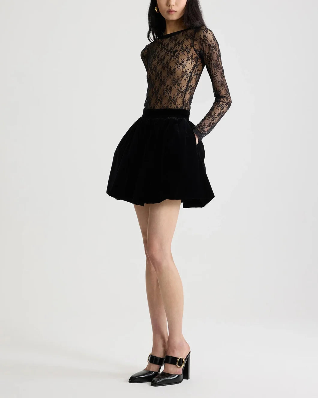 patou black velvet bloomer effect mini skirt on model side view
