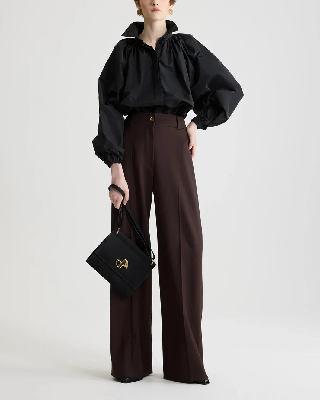 patou bubble blouse in recycled faille in black on model front