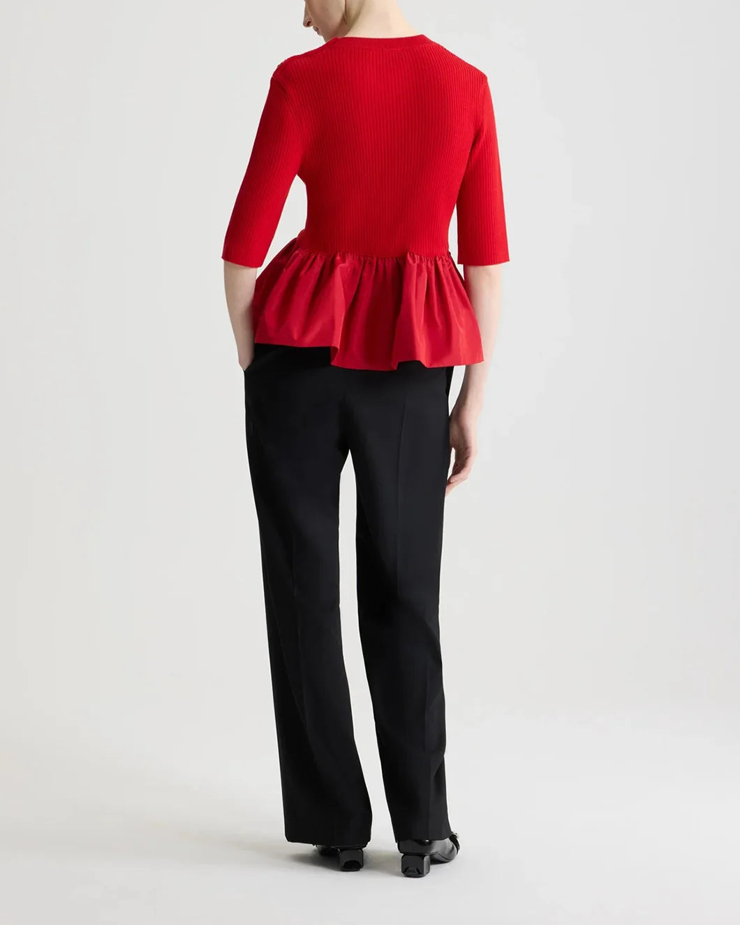 patou Ruffle Hem Ribbed Jumper in Wool and Faille in elixir red on model back view