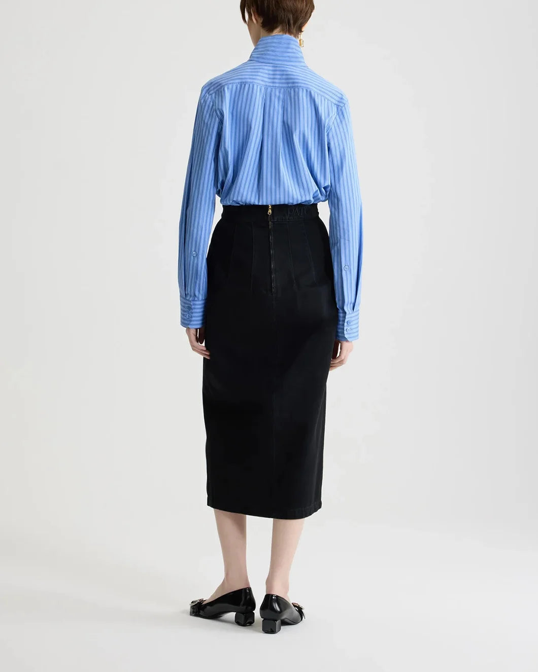 patou scarf collar blouse in printed organic cotton poplin ice blue stripe on model back view