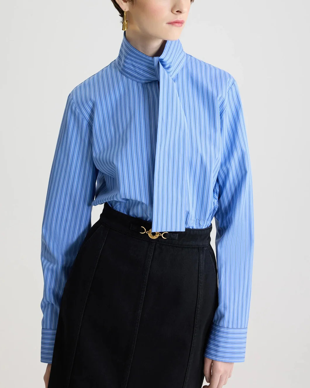 patou scarf collar blouse in printed organic cotton poplin ice blue stripe on model front view detail