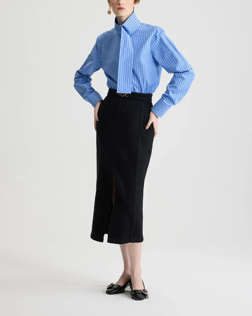 patou scarf collar blouse in printed organic cotton poplin ice blue stripe on model front view