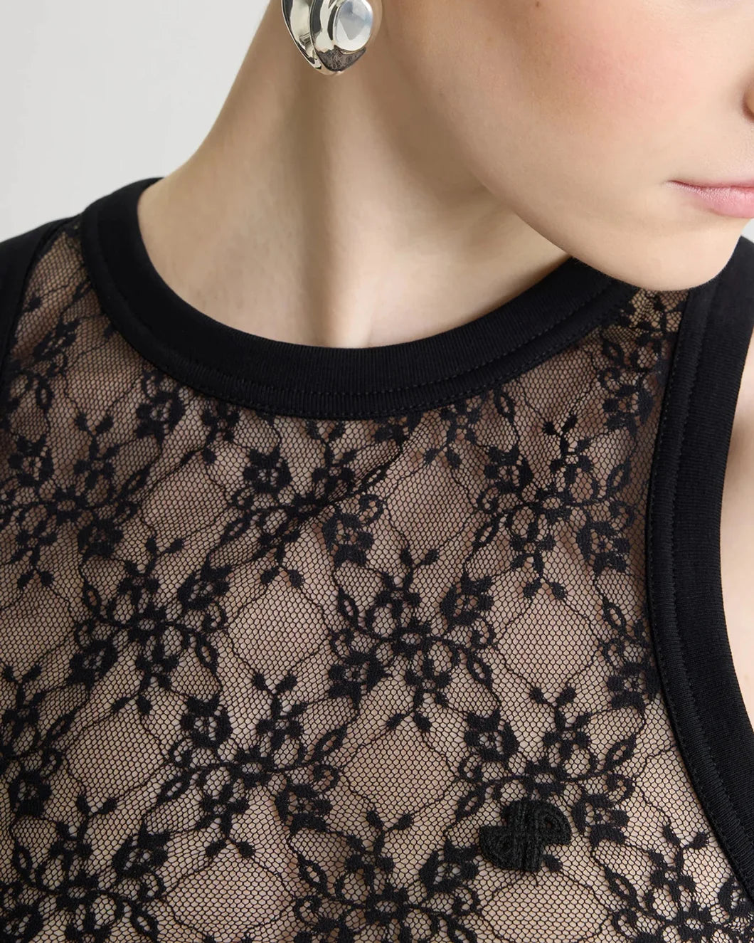 patou black sheer lace jersey tank top on figure front detail view
