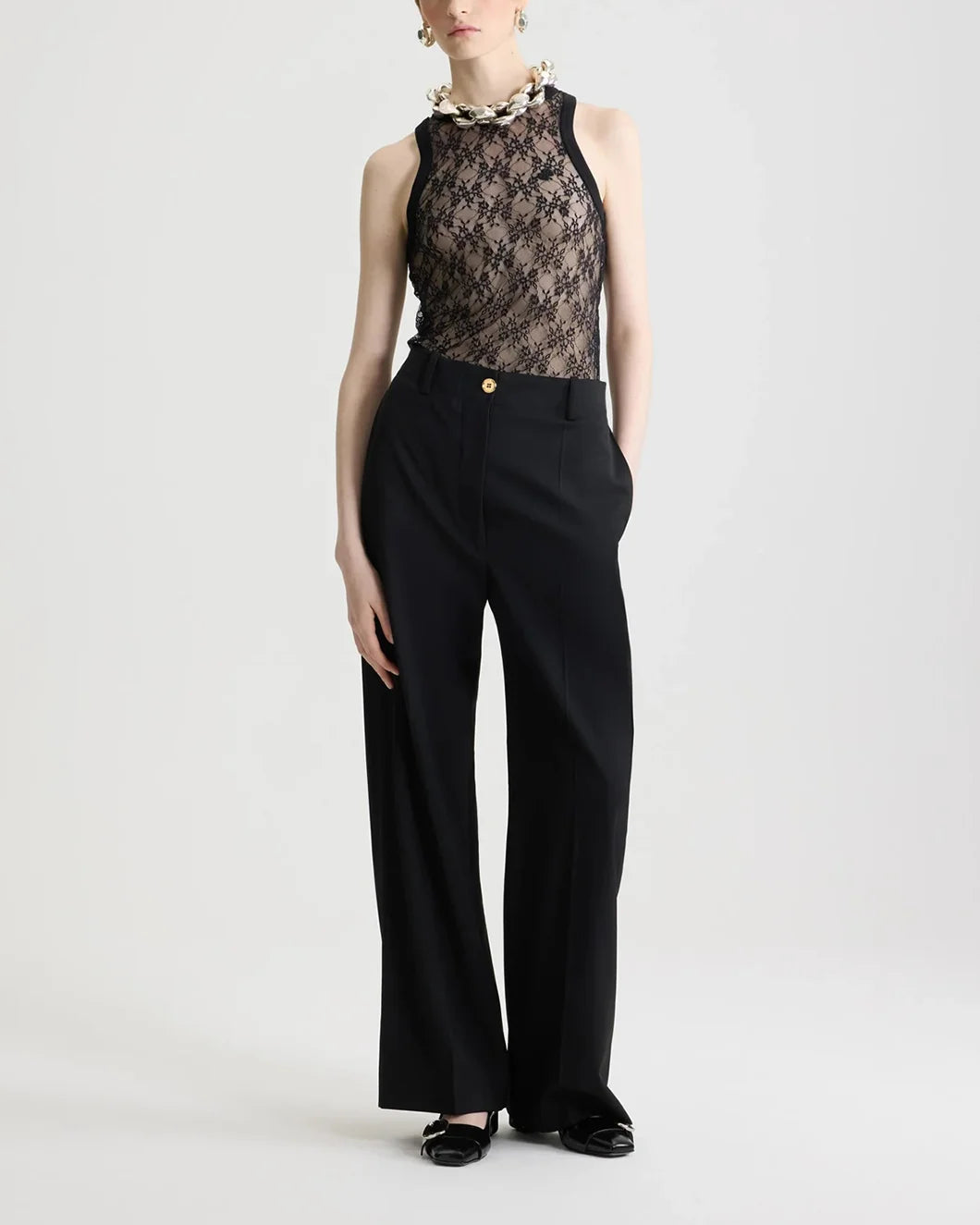 patou black sheer lace jersey tank top on figure front full view