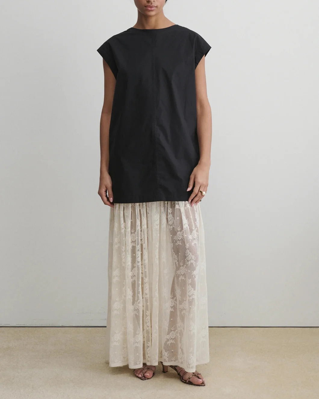 rachel comey Cheers Dress black and white lace on model front view