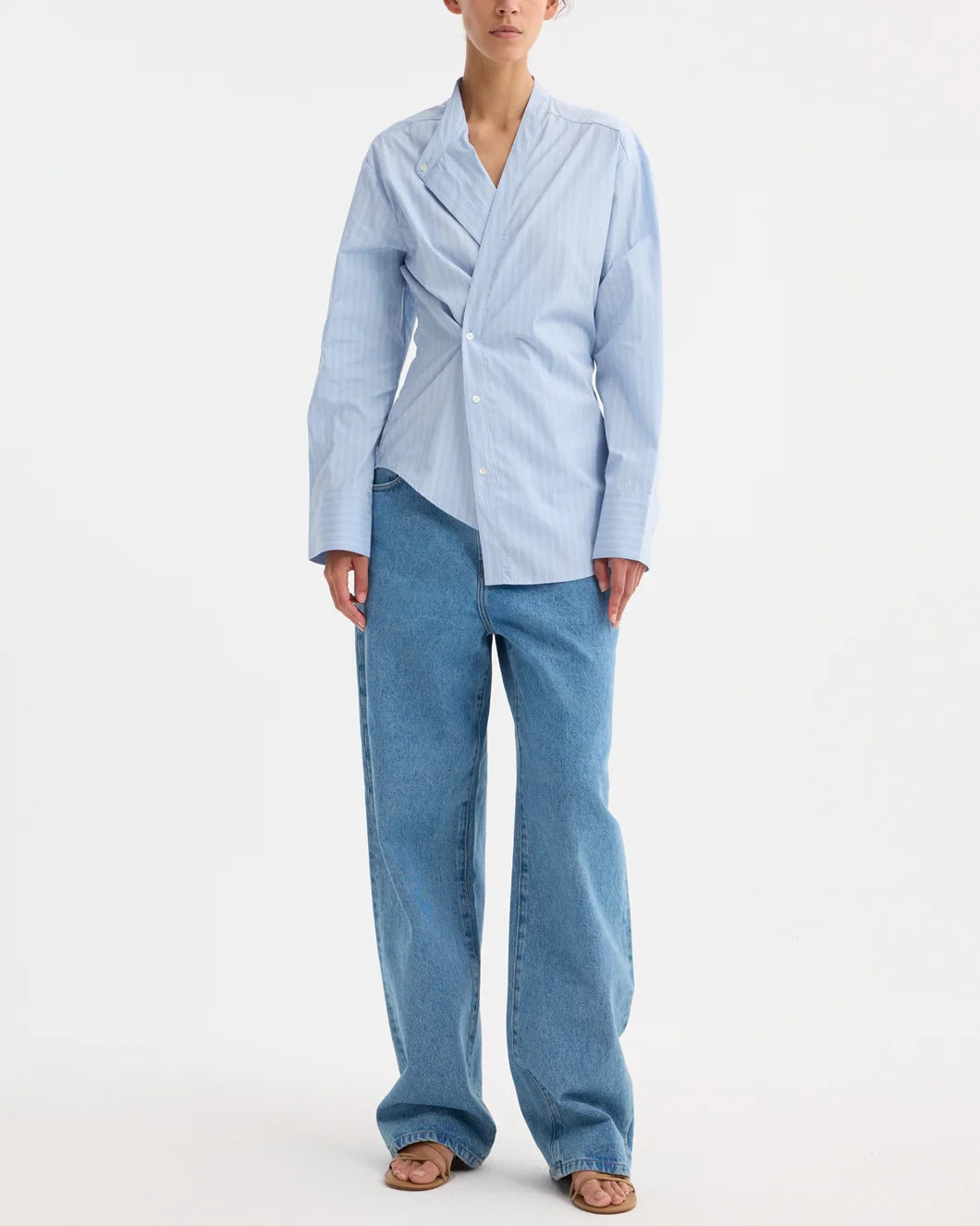 rohe overlap striped shirt fine blue stripe front