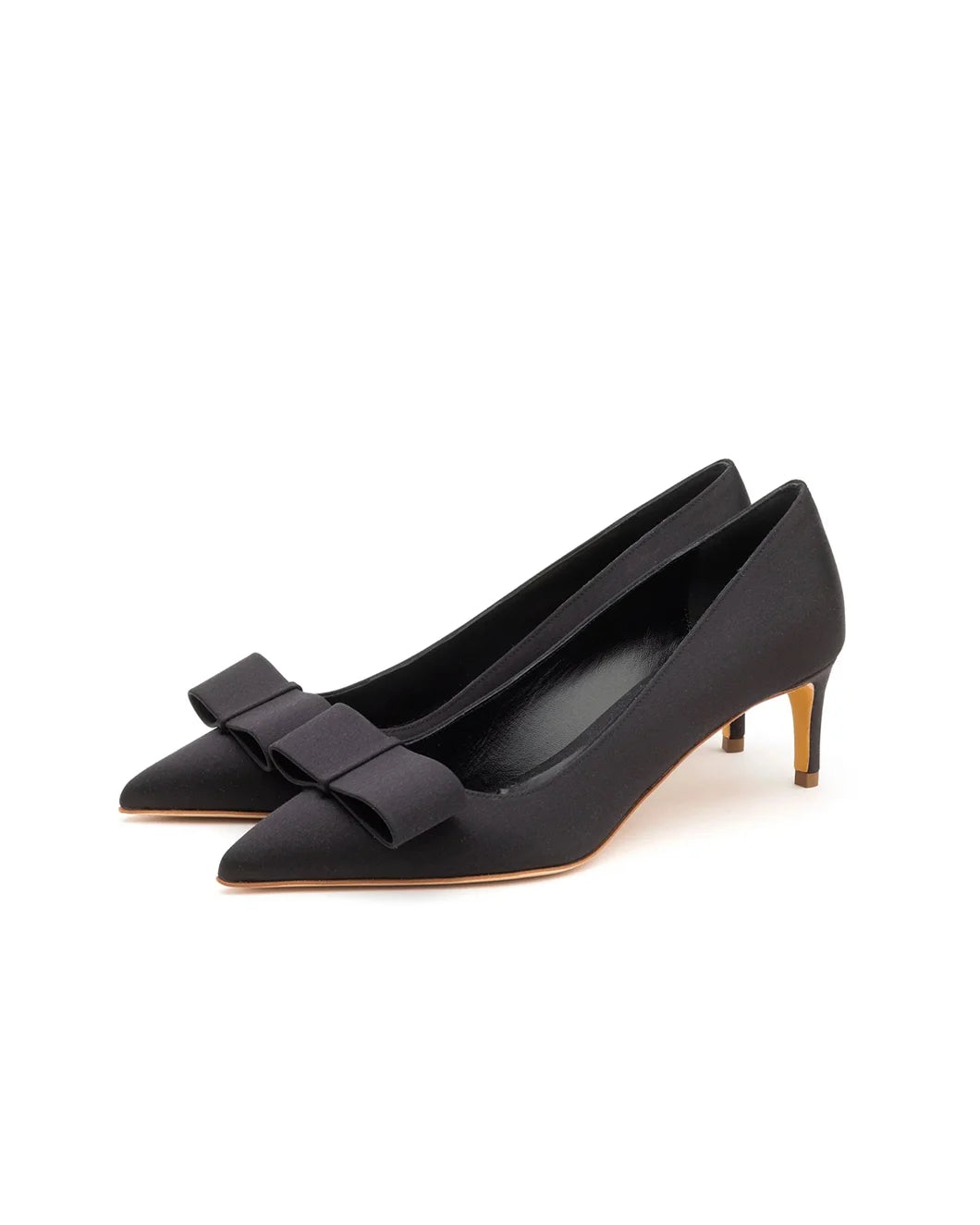 rupert sanderson paragon black satin pointed toe pumps with bow detail on toe