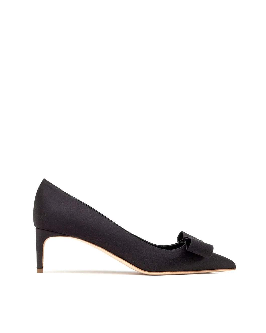 rupert sanderson paragon black satin pointed toe pump with bow detail on toe