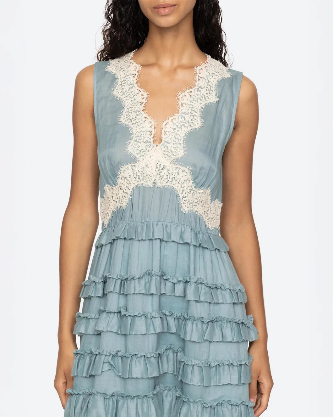 sea ny Anise Solid Maxi lace trim Tank Dress blue on model front view