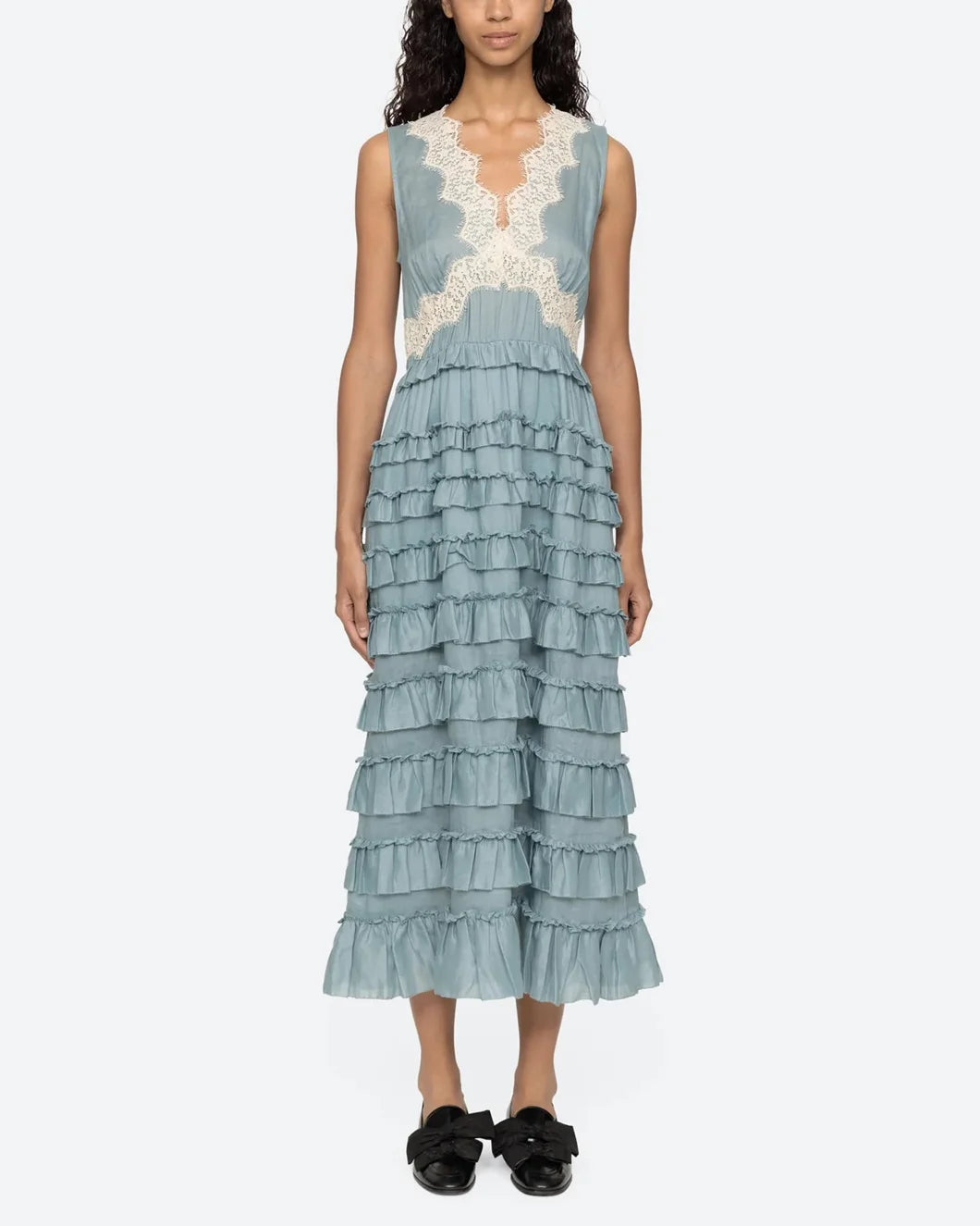 sea ny Anise Solid Maxi tiered Tank Dress blue on model front view