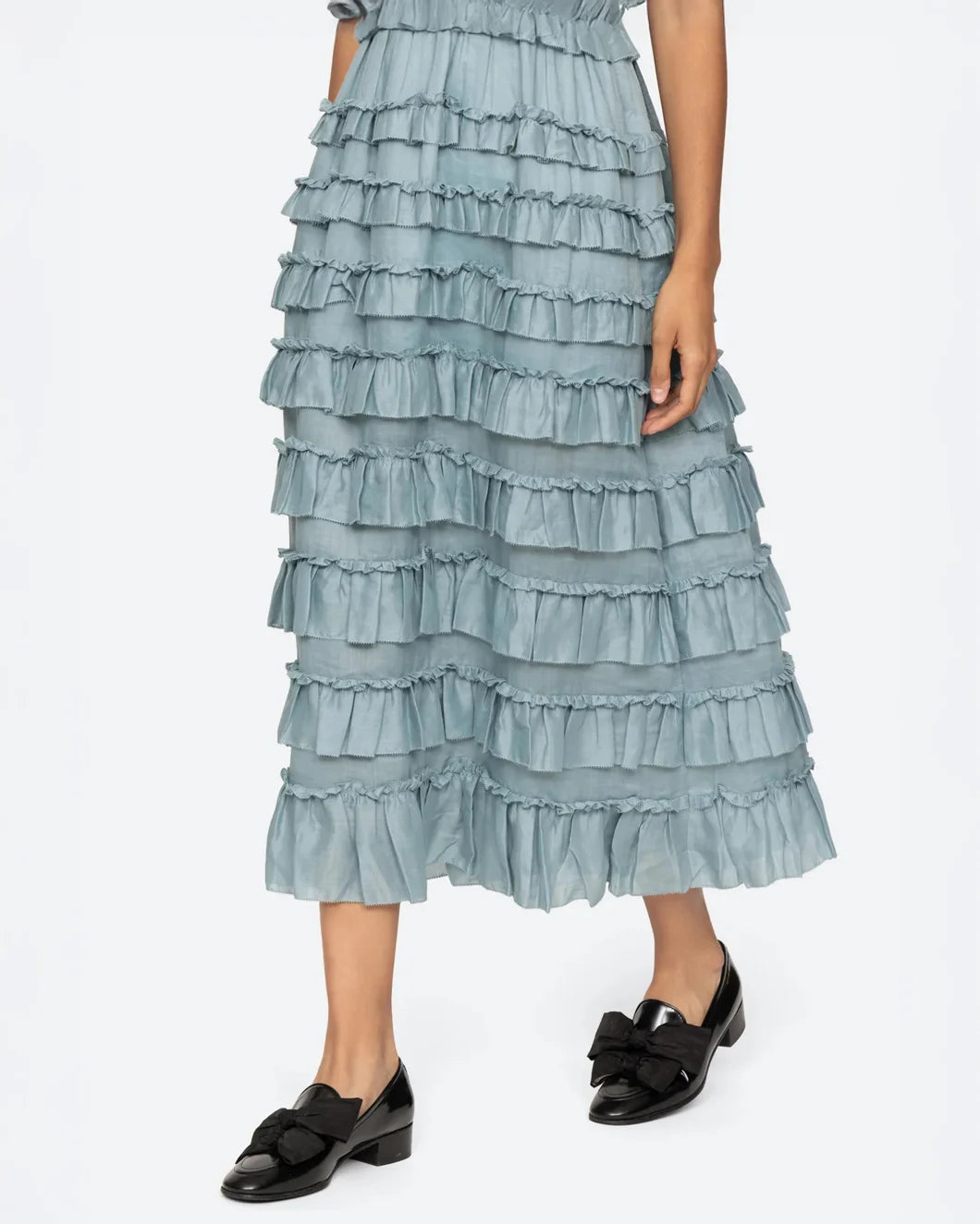 sea ny Anise Solid Maxi tiered Tank Dress blue on model skirt detail view