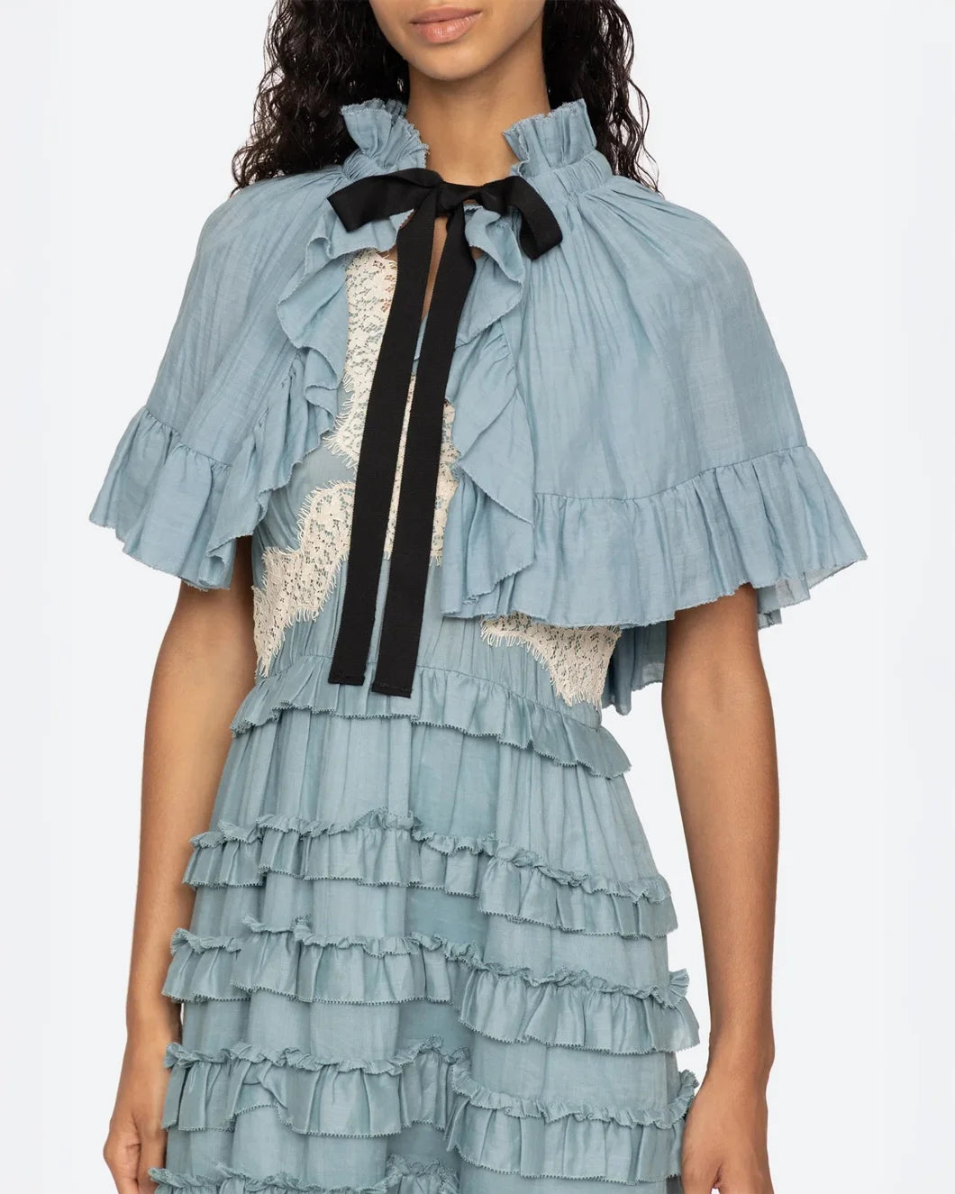 sea ny Anise Solid Capelet blue on figure front tie detail