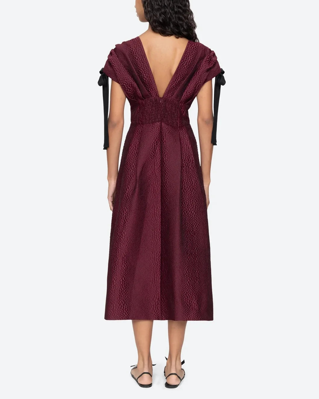sea ny Fayetta Midi Dress embossed burgundy on model back view