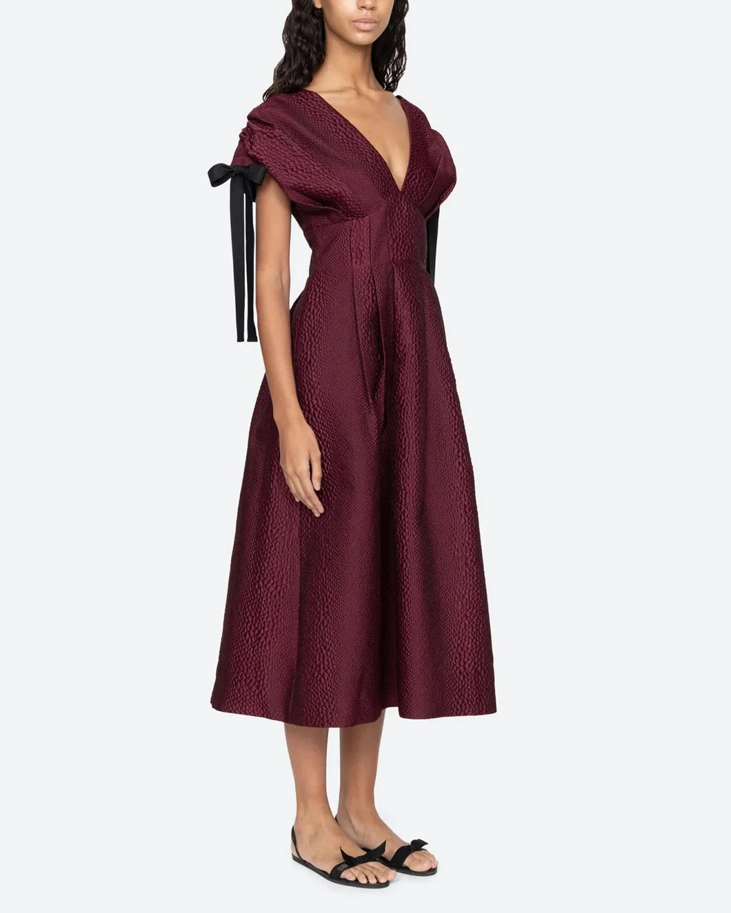 sea ny Fayetta Midi Dress evening embossed burgundy on model right view