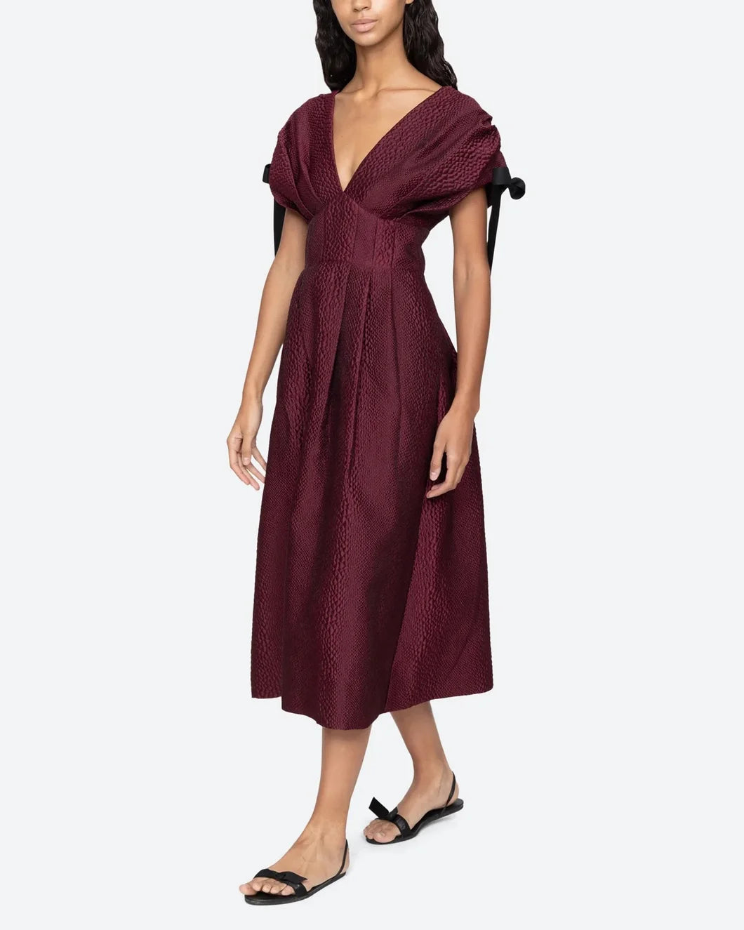sea ny Fayetta evening Midi Dress embossed burgundy on model left side view