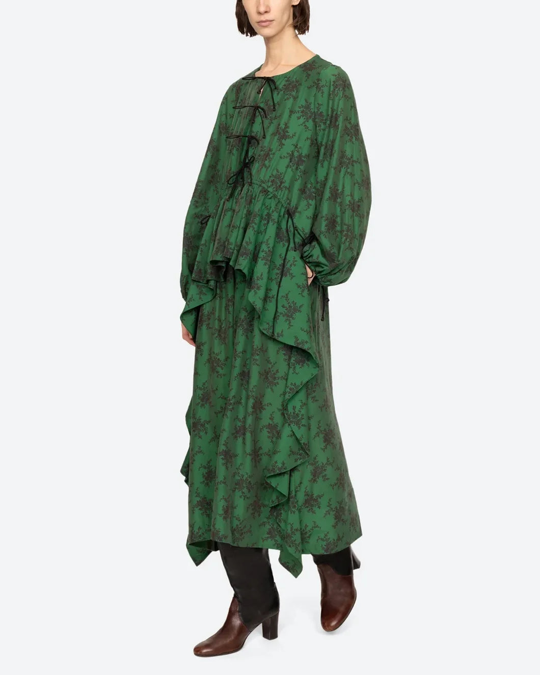 sea ny Joan Tie Front tiered Midi Dress green on model in motion view