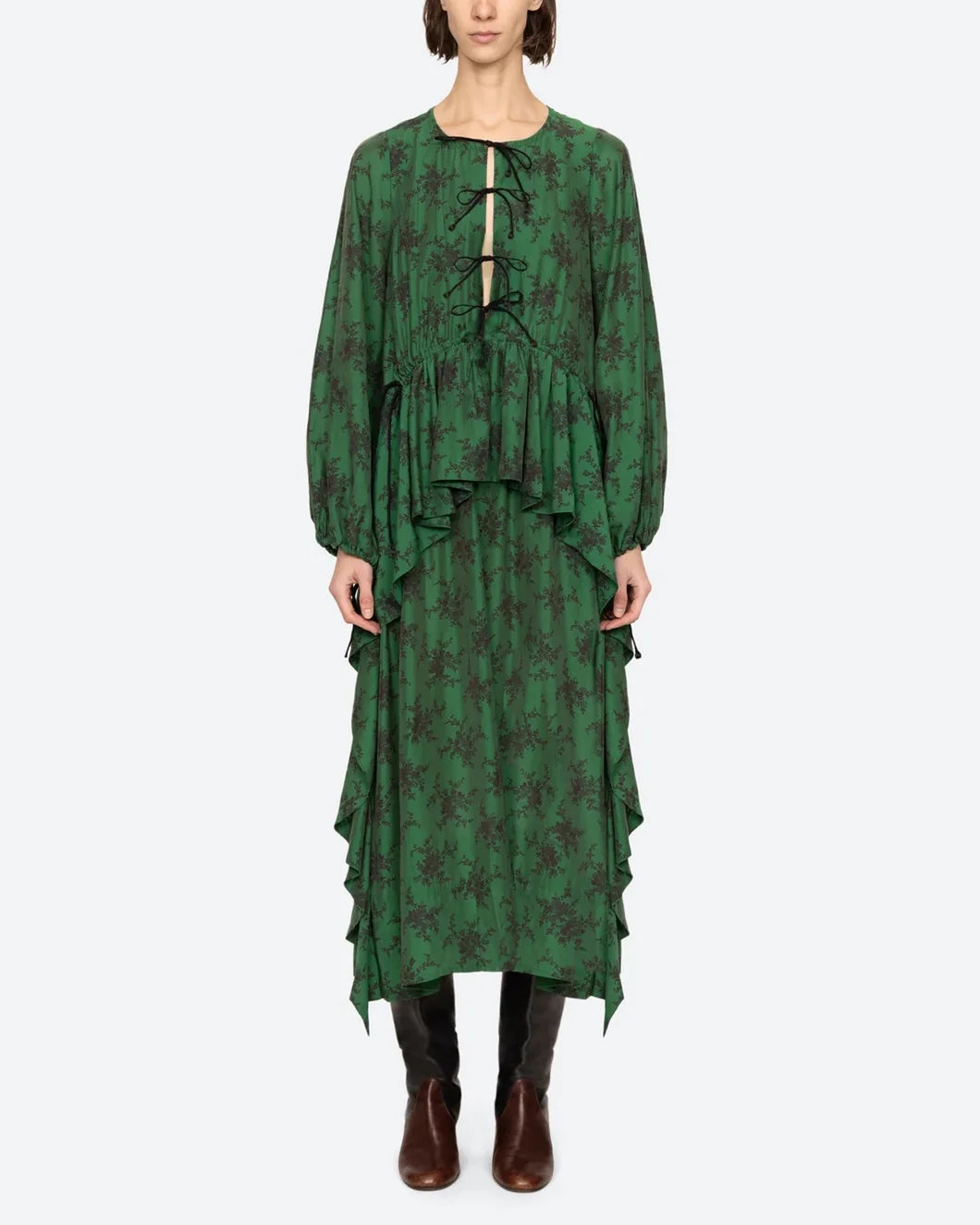 sea ny Joan Tie Front tiered Midi Dress green on model front view