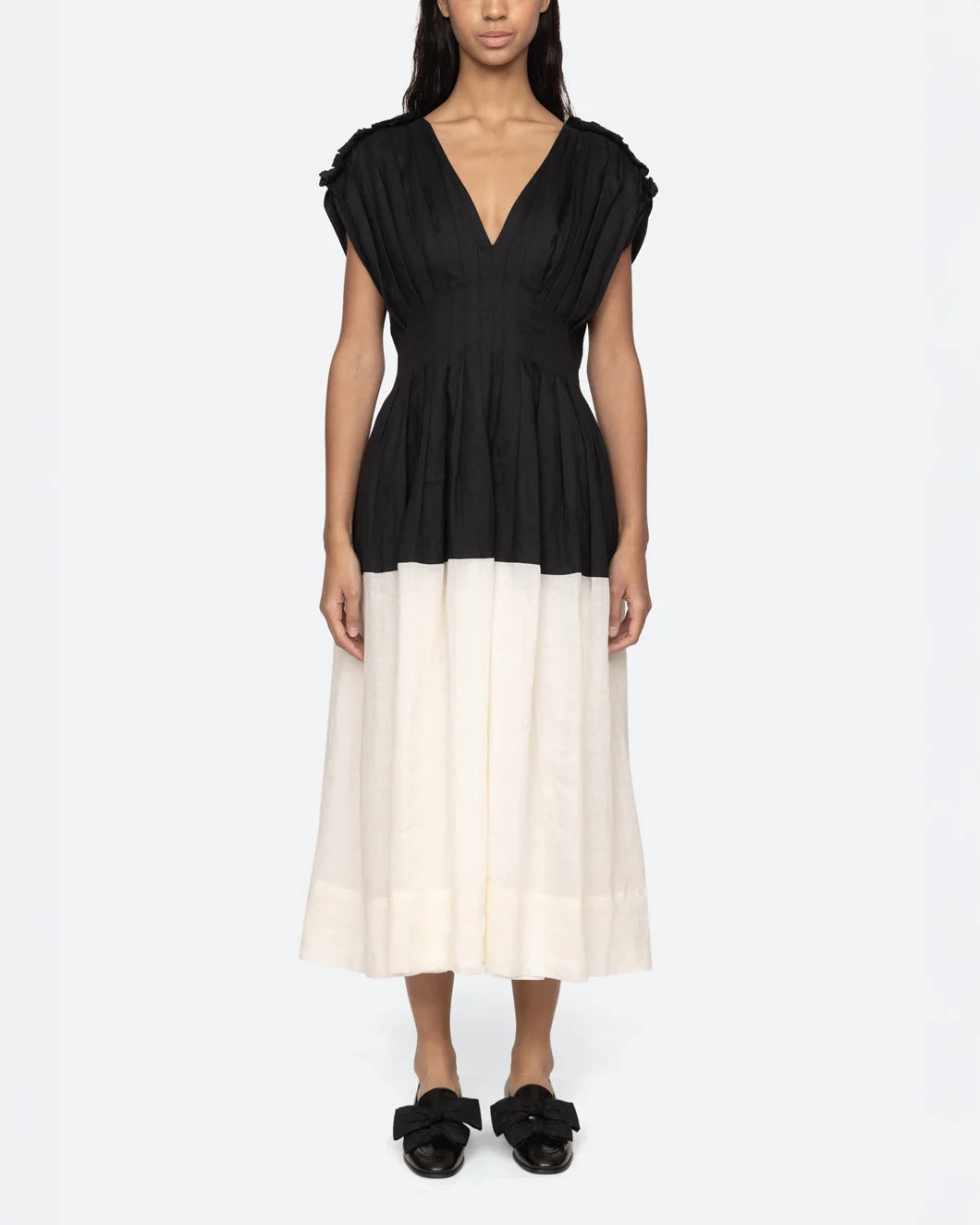 sea ny nicola ramie tank midi dress black and cream front