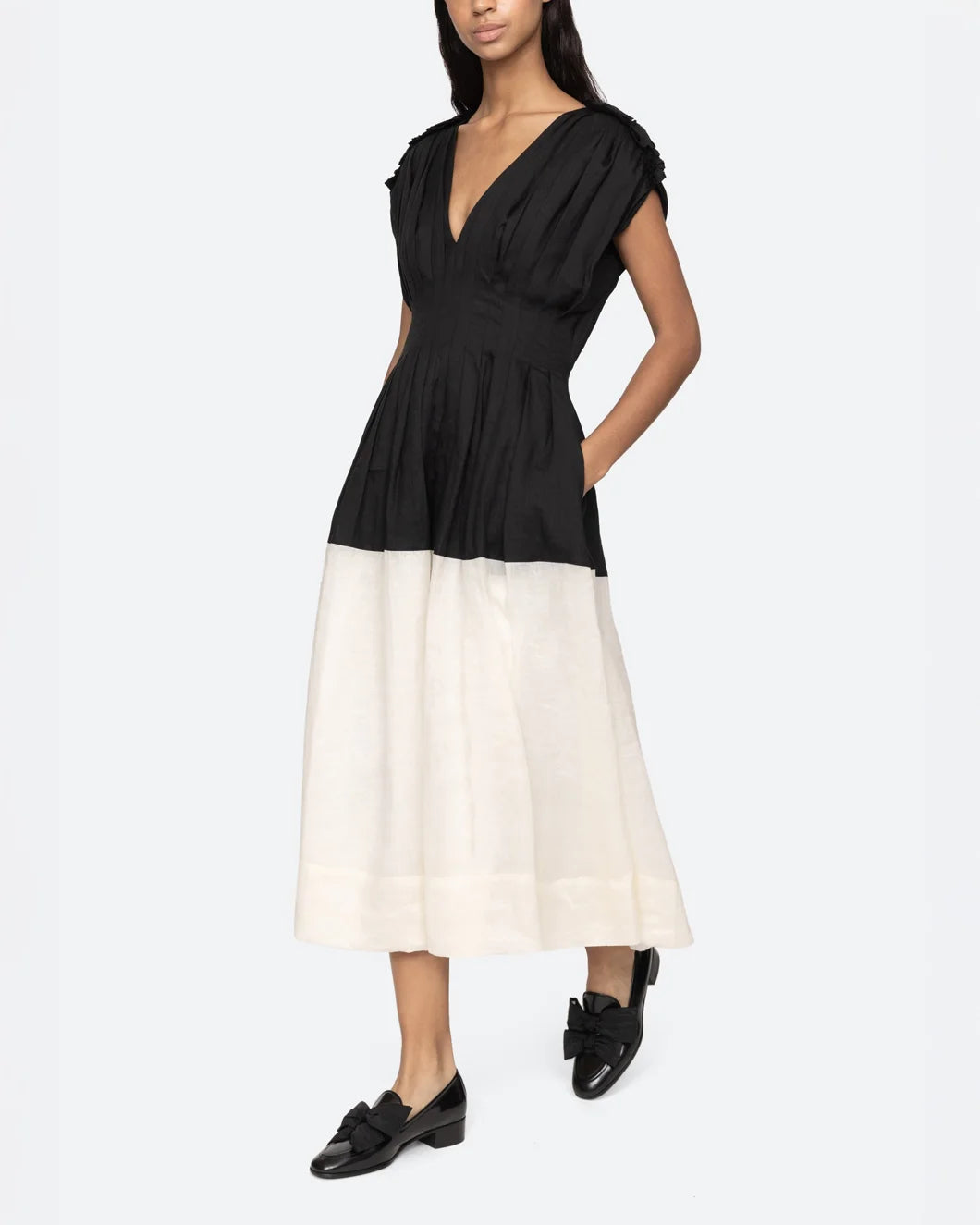 sea ny nicola ramie tank midi dress black and cream side