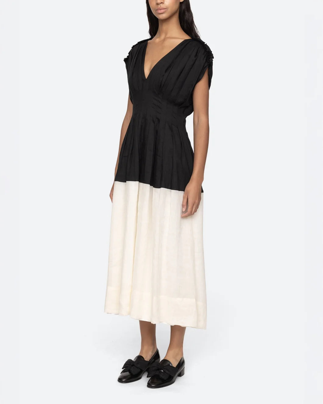 sea ny nicola ramie tank midi dress black and cream side