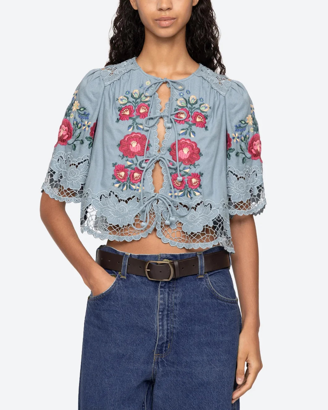 sea ny Rosaline Short Sleeve Top embroidered blue floral on figure front