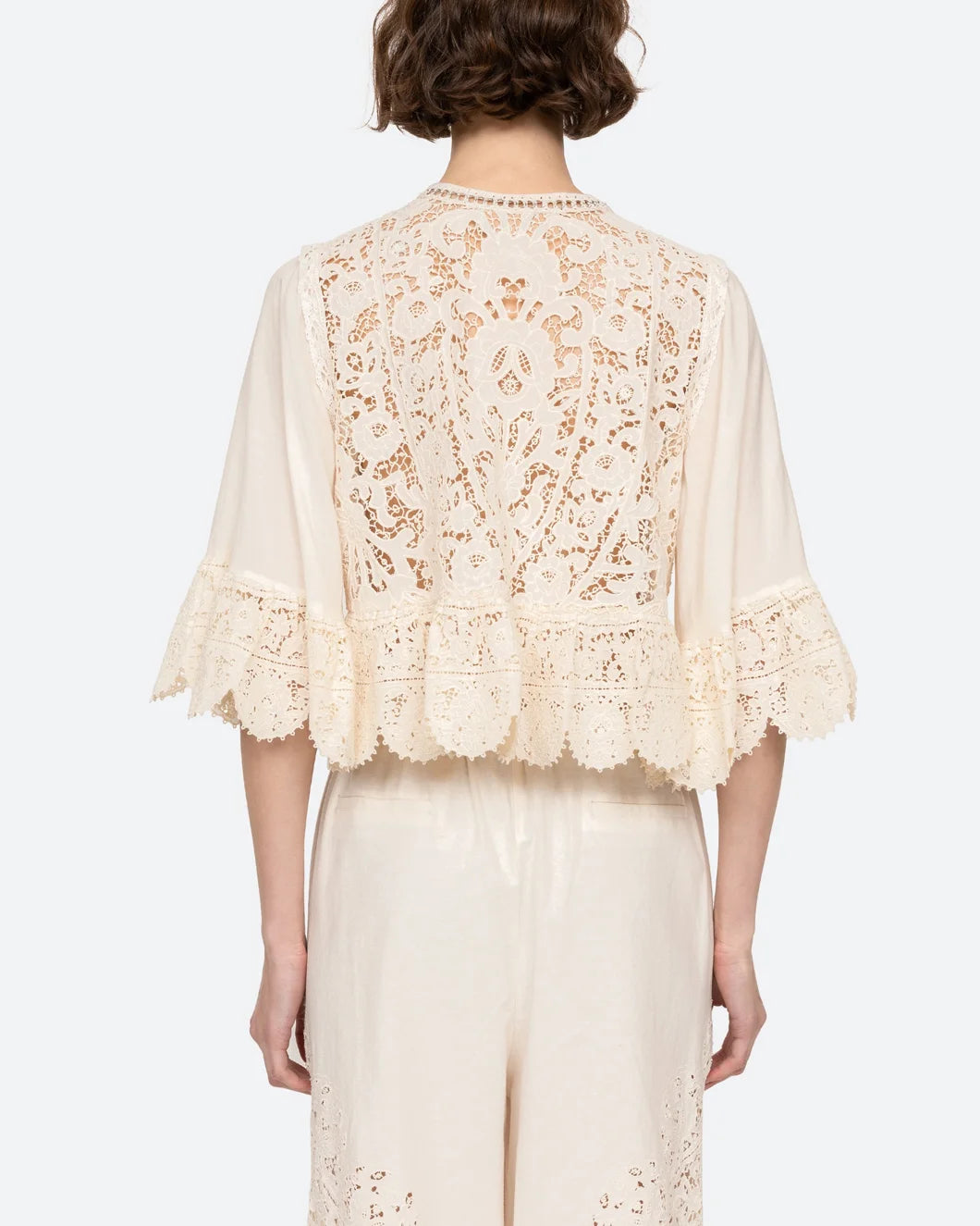 sea ny shanna lace three quarter sleeve lace panel sheer back top in cream on model back view