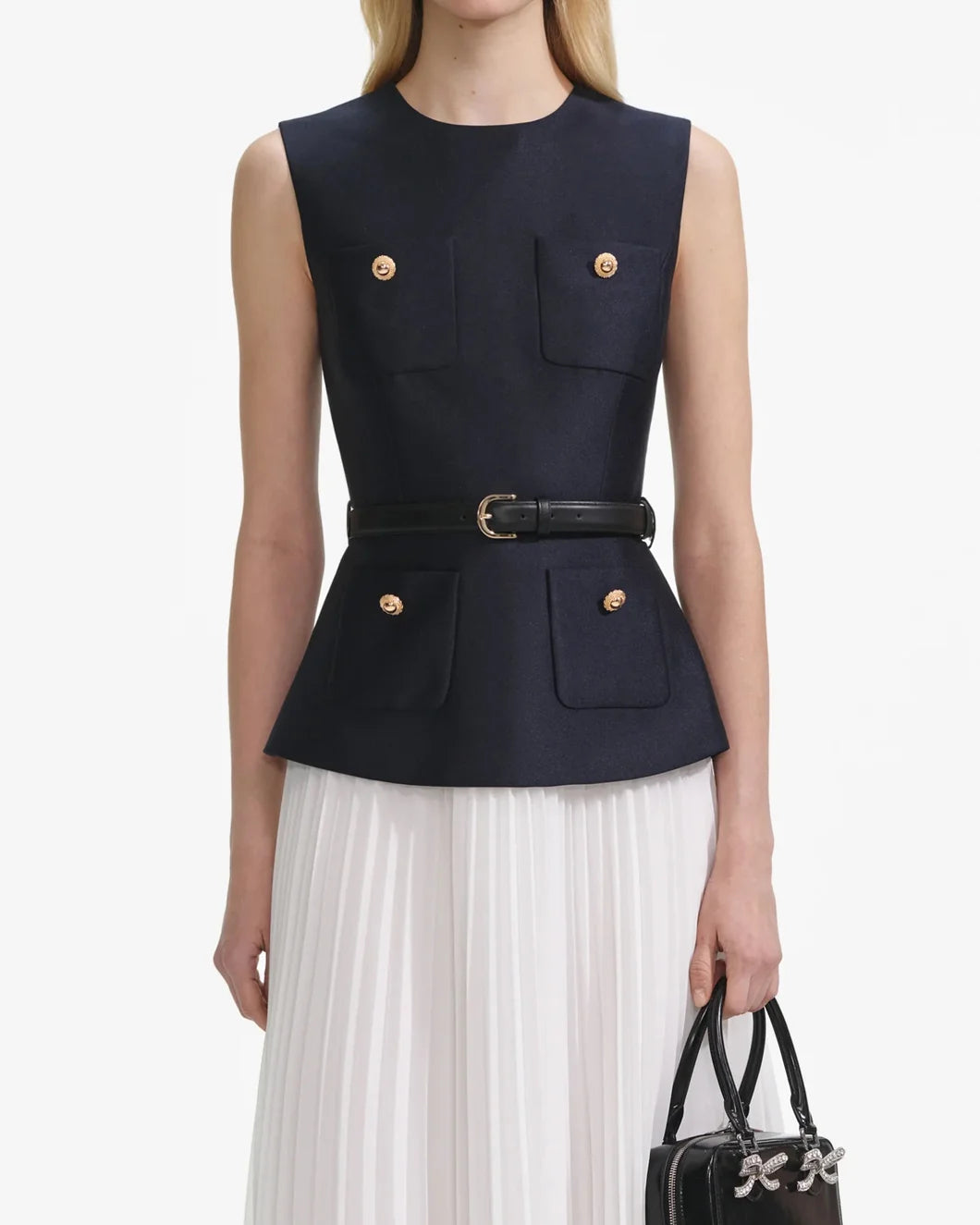 self portrait Navy Taffeta Midi Dress front detail