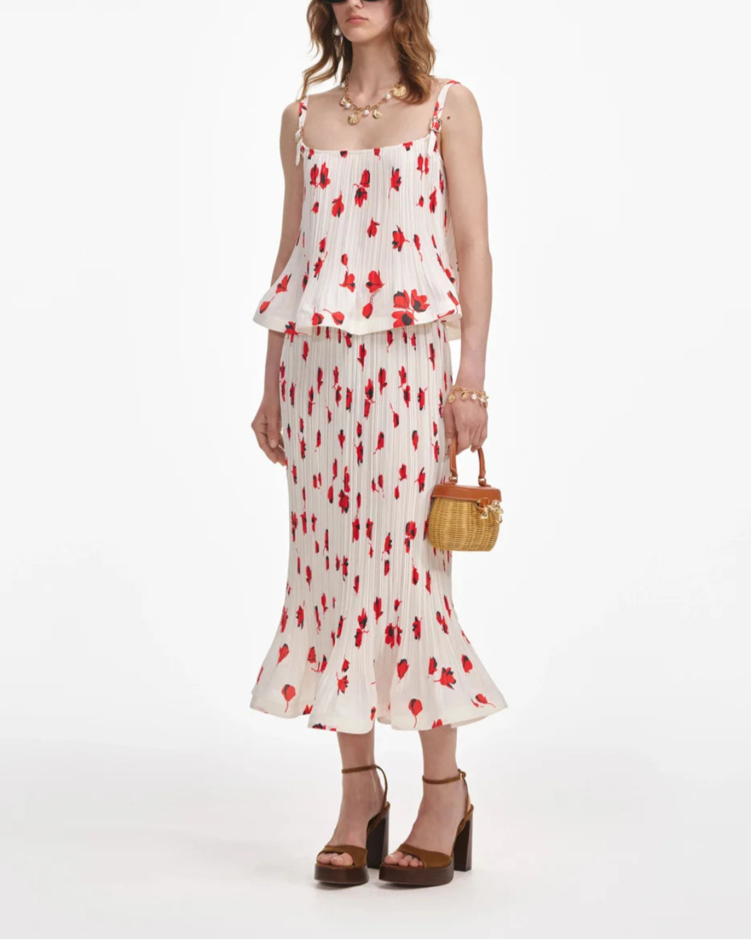 self portrait White Floral Plisse Midi Skirt side