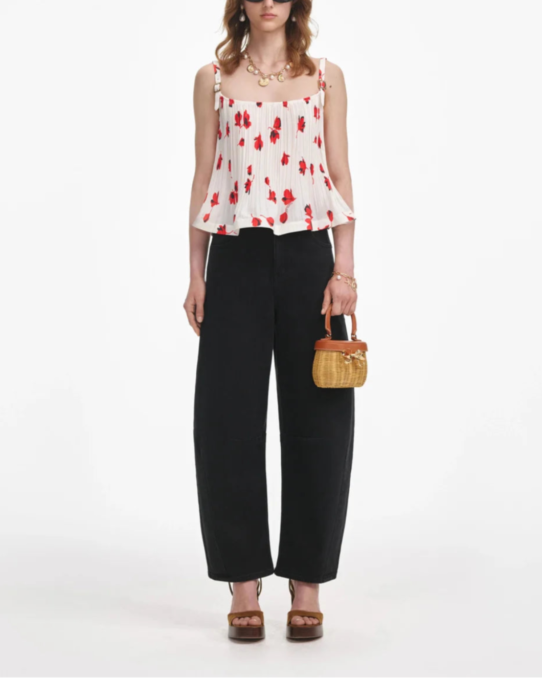 self portrait White Floral Plisse Top front