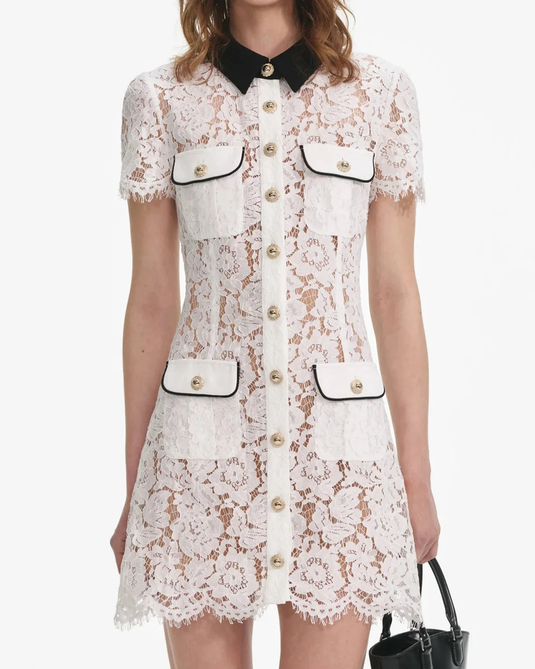 self portrait White Lace Contrast Collar Mini Dress front detail